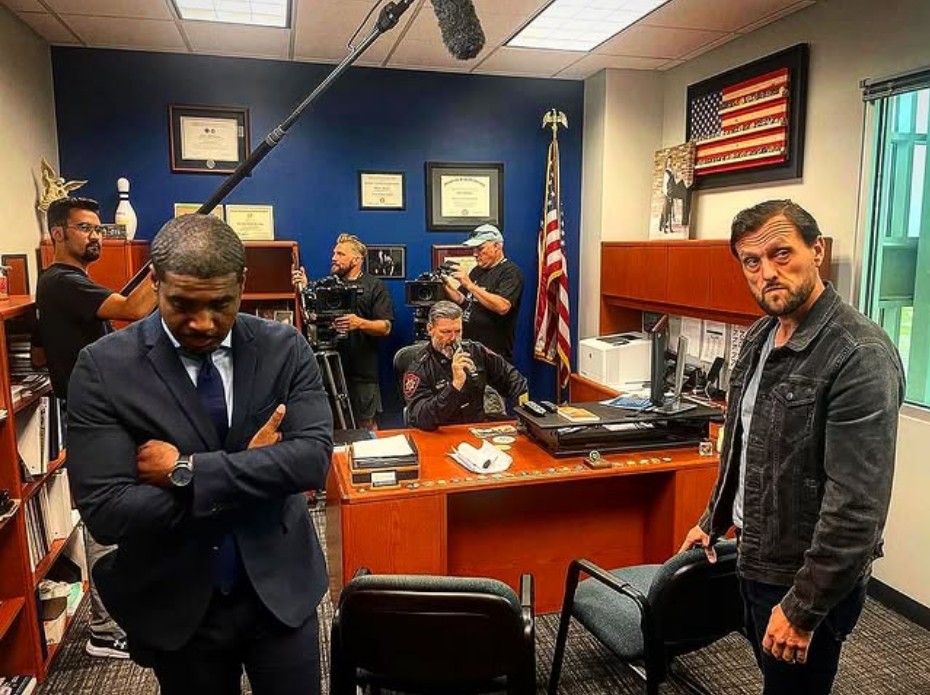 Samuel French and Mickeal Freeland on the set of 3 Days or Else